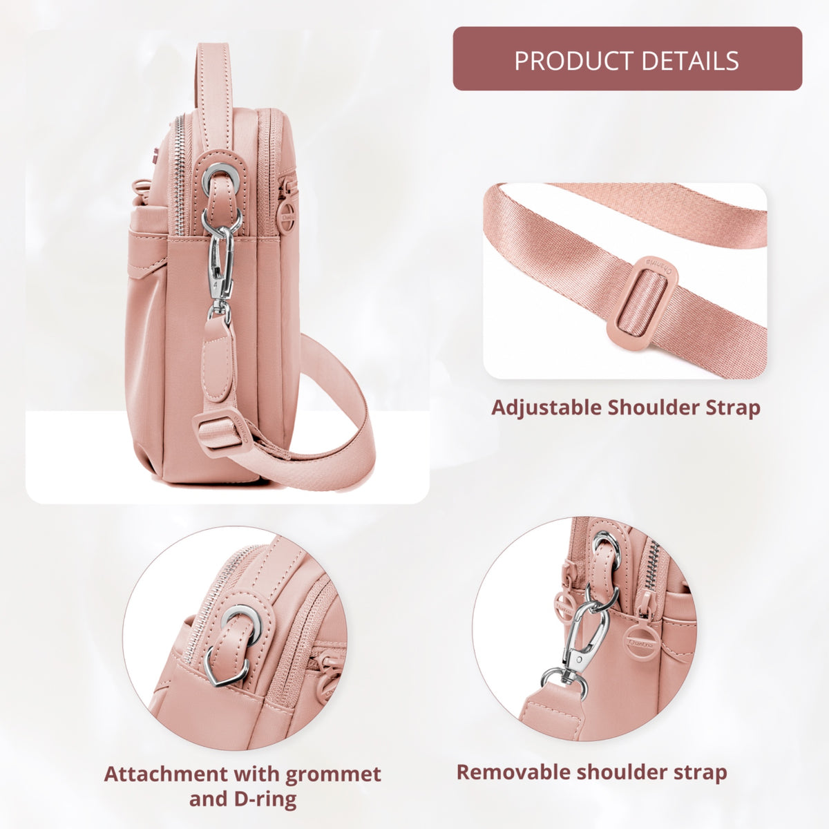 Torebka damska przez ramię crossbody Chantria | Na telefon, dokumenty i niezbędne drobiazgi | Wodoodporny nylon – Pudrowy róż