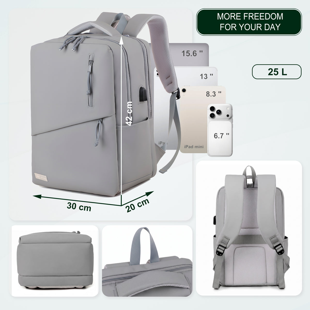 Youth School & College Backpack VIO | Fits 15.6 Laptop A4 | Built-In USB Port | Ryanair & Wizz Air Carry-On For Campus, University & Travel | Water-Resistant – Light Grey