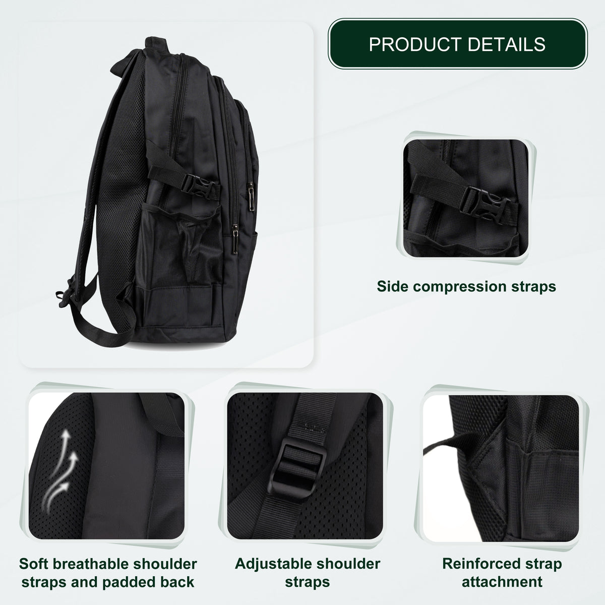Youth School & College Backpack VIO | Fits 15.6 Laptop A4 | 3 Spacious Compartments | For School, College & University | Lightweight – Black