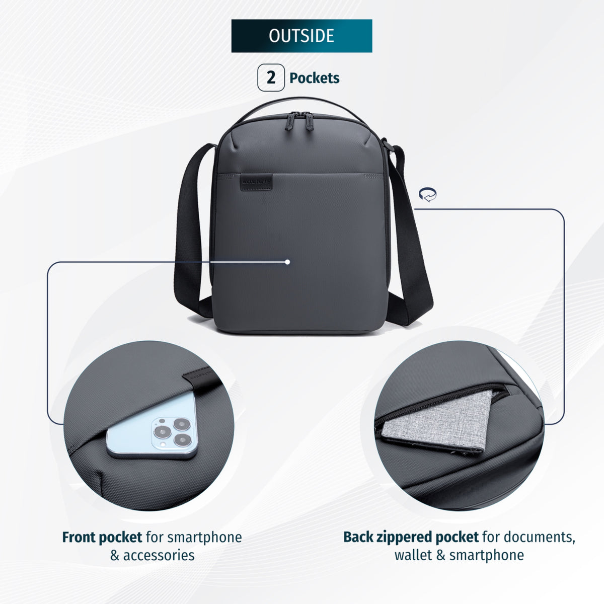Compact Shoulder Bag Arctic Hunter | Tablet Sleeve | Key Clip | 8 Pockets – Grey