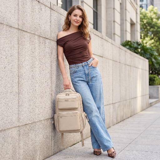 Chantria Women's Organizer Backpack | 2 Compartments, 15 Pockets | Fits 15.6" Laptop, iPad, A4 | Luggage Strap – Beige