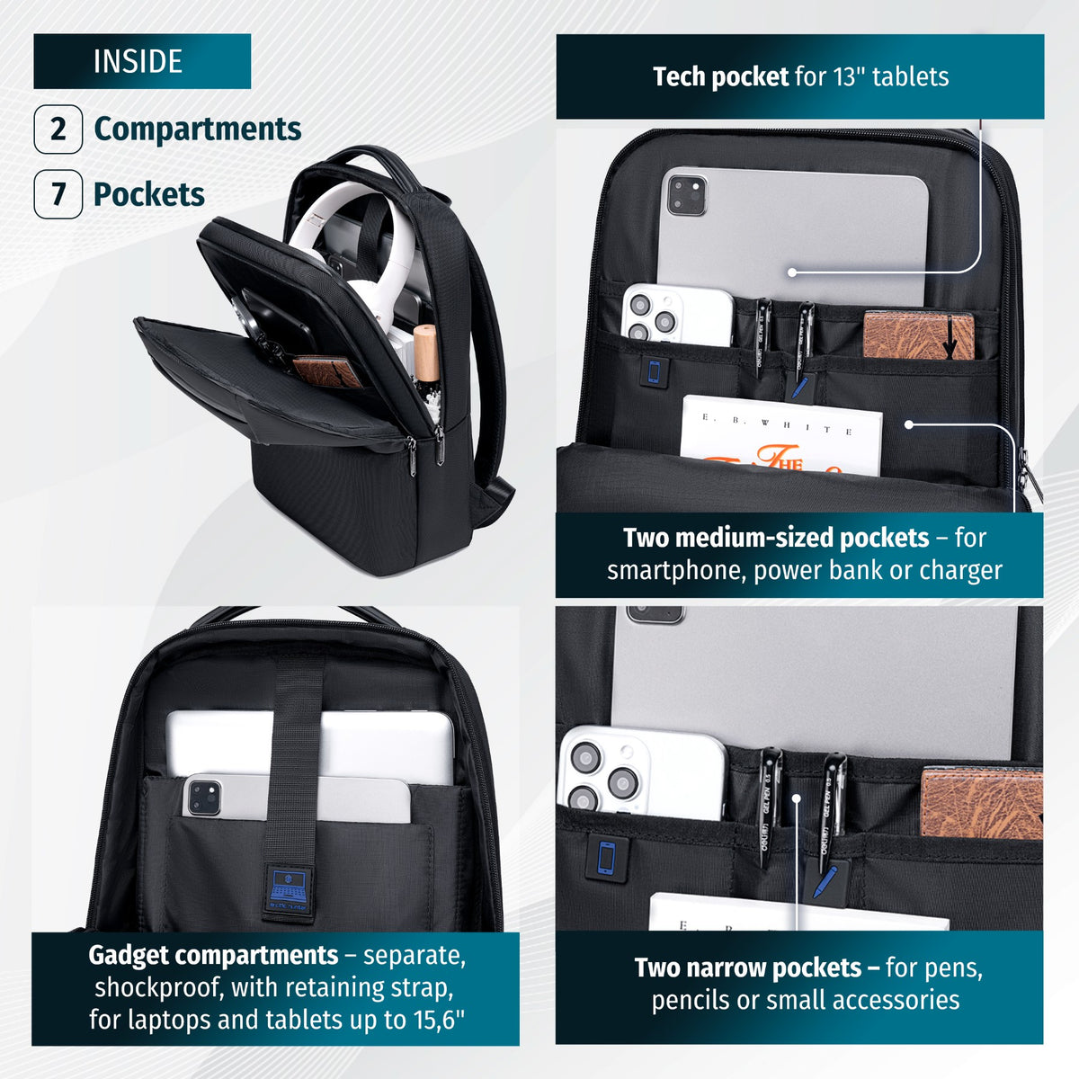 Smart Urban Backpack Arctic Hunter | Laptop 15.6" | Water-Resistant – Black