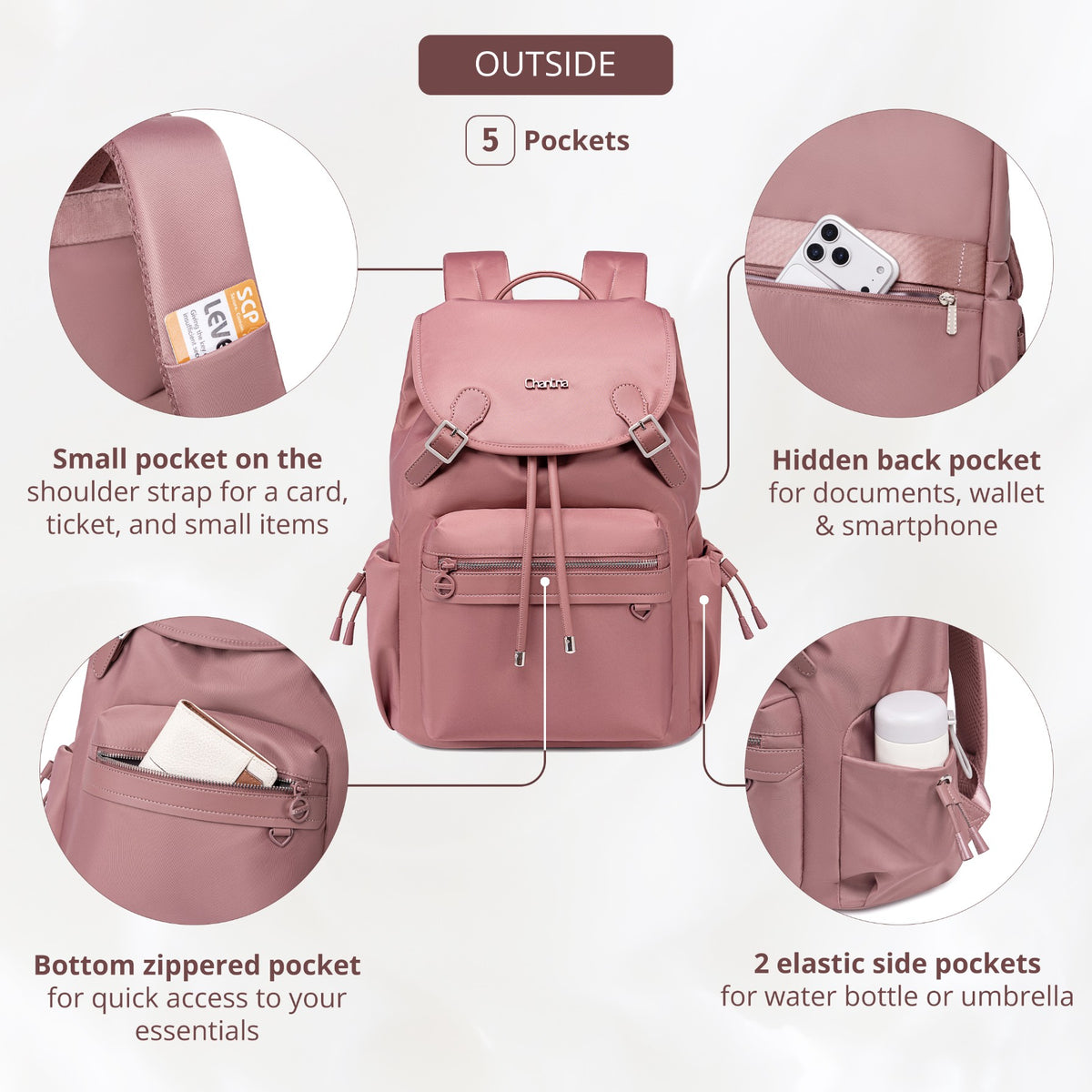 Plecak z klapą damski Chantria | 18L, 10 kieszeni | Laptop 15.6", iPad, A4 | Bezpłatny bagaż Ryanair, Wizz Air – Antyczny róż