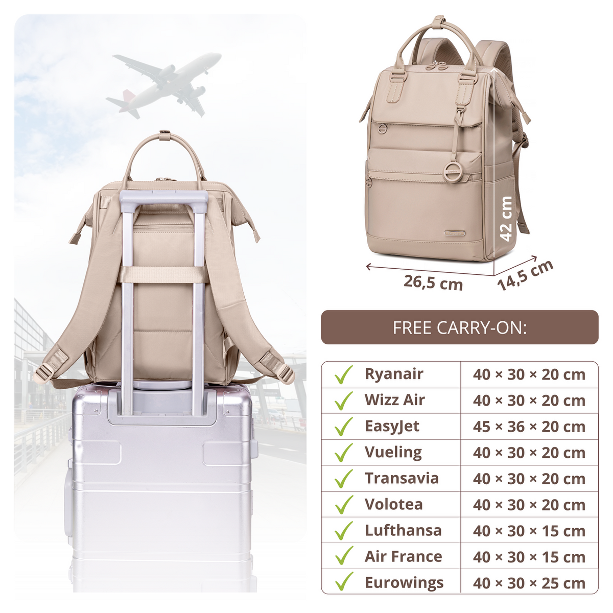 Plecak torba damska Chantria elegancka | Na laptopa 15.6 A4 | Do pracy i jako bagaż podręczny | Wodoodporna – Beżowy