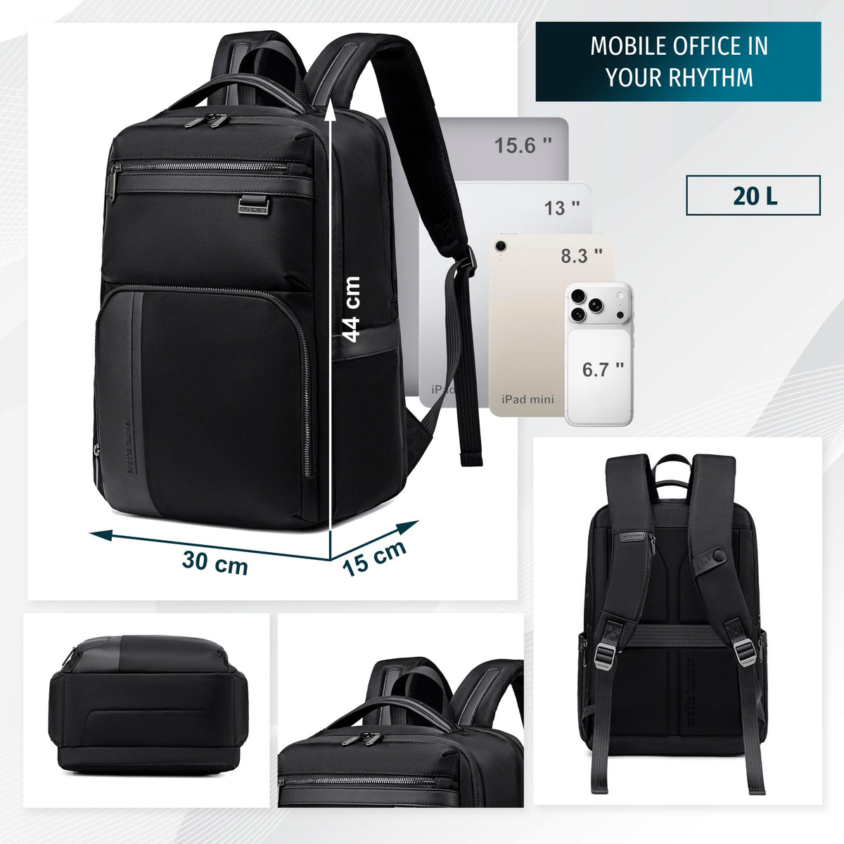 Arctic Hunter Functional Business & Travel Backpack | 15.6" Laptop Compartment | 17 Pockets – Black