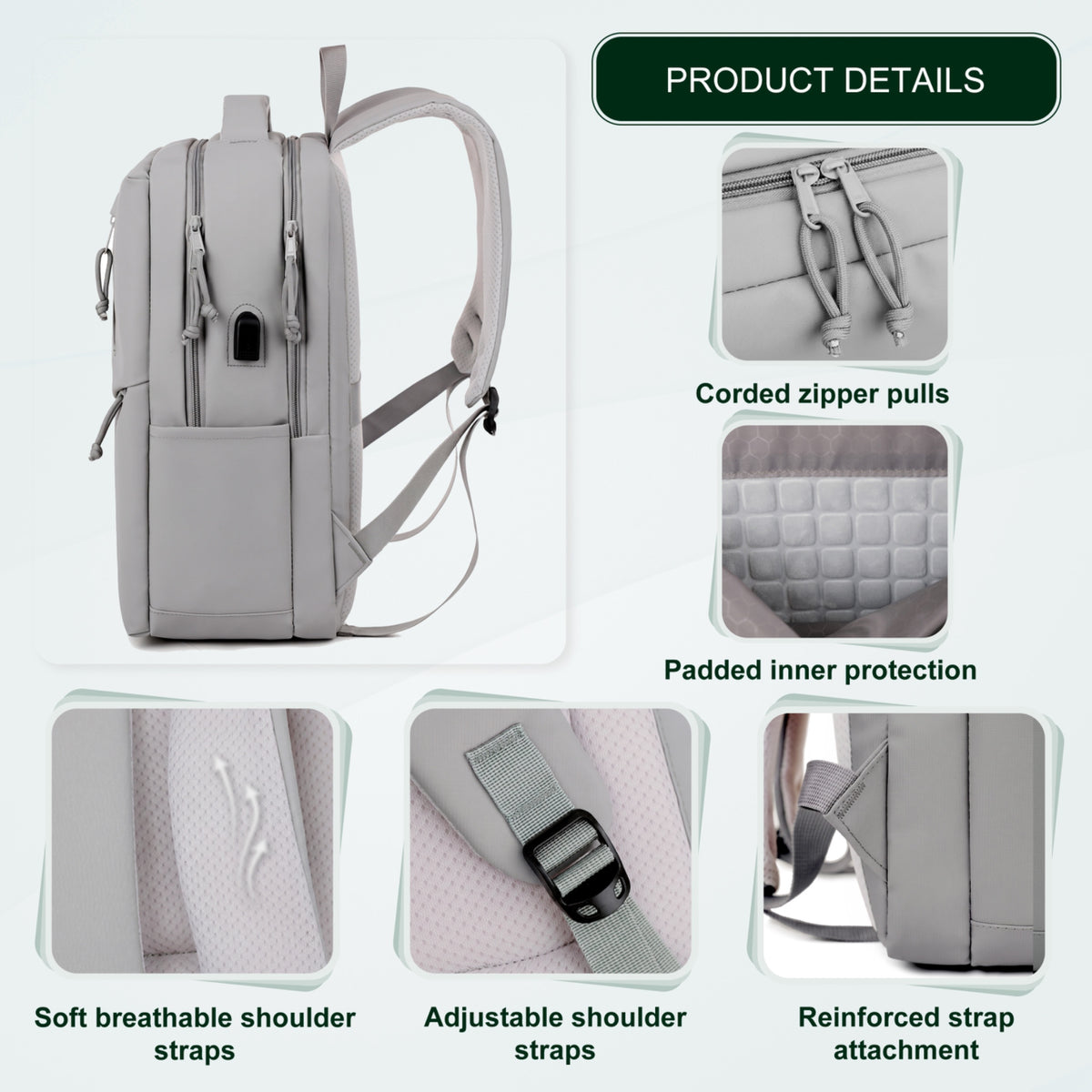 Youth School & College Backpack VIO | Fits 15.6 Laptop A4 | Built-In USB Port | Ryanair & Wizz Air Carry-On For Campus, University & Travel | Water-Resistant – Light Grey