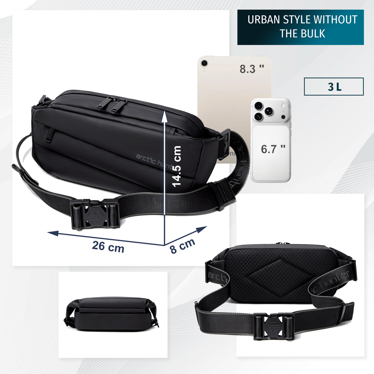 Torba saszetka na pas i ramię Arctic Hunter | 2 komory organizer | Dokumenty i smartfon – Czarna
