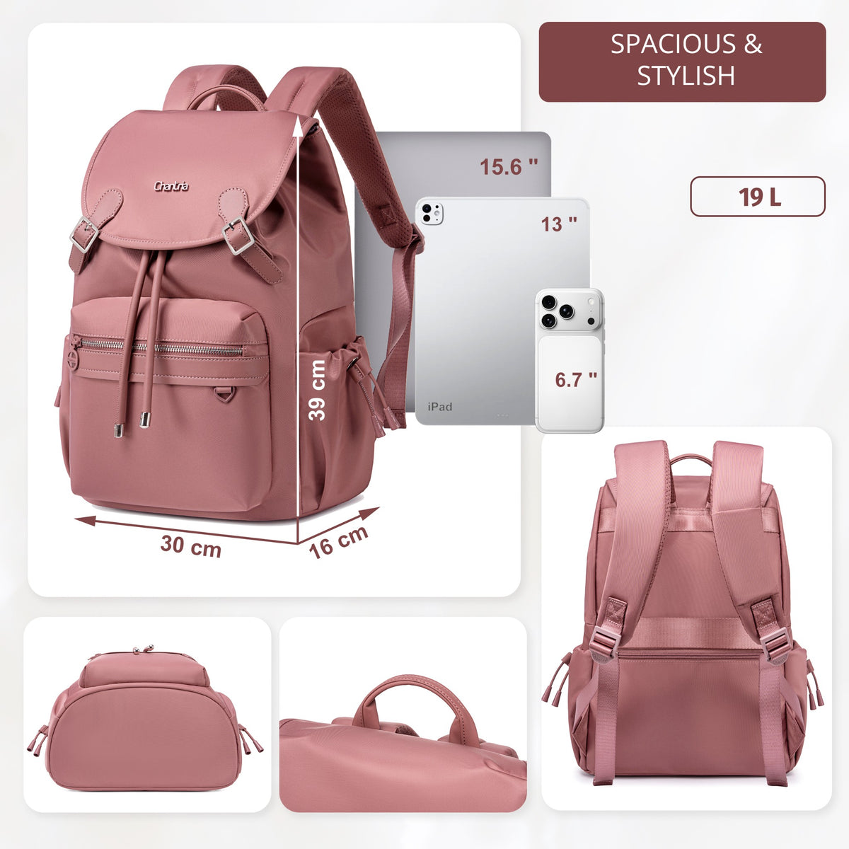 Plecak z klapą damski Chantria | 18L, 10 kieszeni | Laptop 15.6", iPad, A4 | Bezpłatny bagaż Ryanair, Wizz Air – Antyczny róż