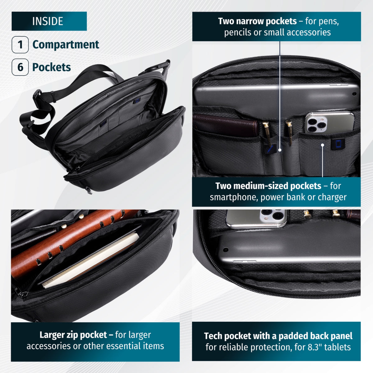 Crossbody Sling Waist Bag Arctic Hunter | Phone & Documents | Key Clip | Anti-Theft Pocket – Black