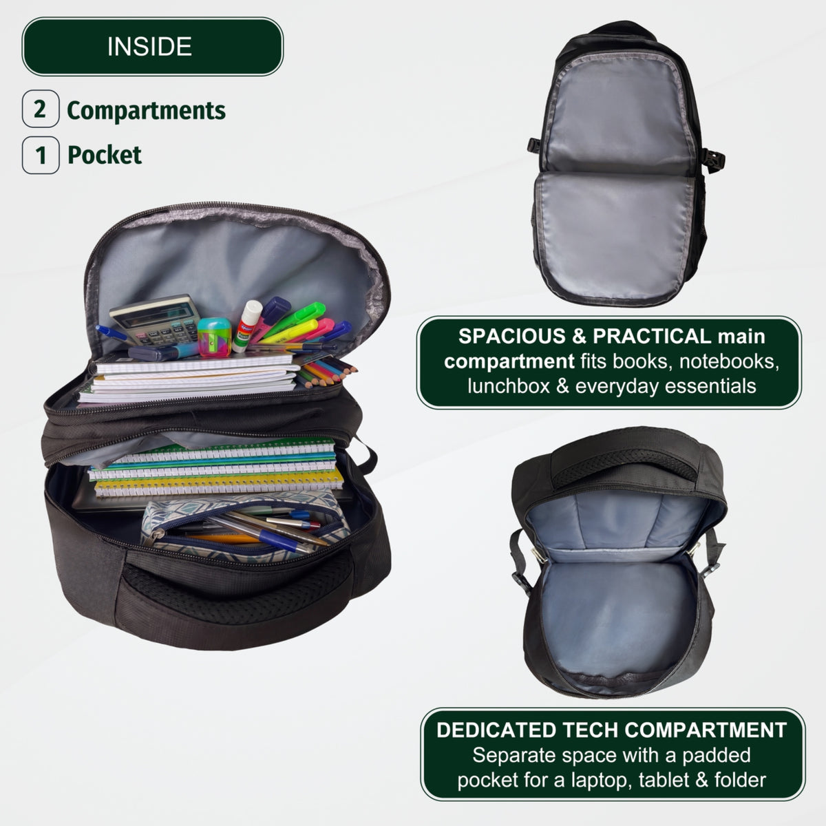 Youth School & College Backpack VIO | Fits 15.6 Laptop A4 | 3 Spacious Compartments | For School, College & University | Lightweight – Black