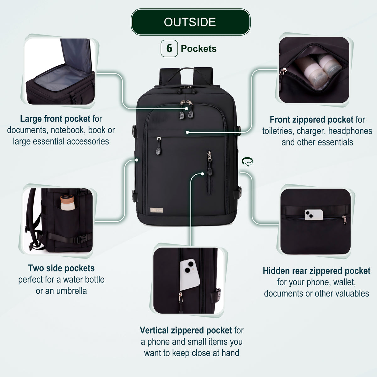 Cabin Travel Backpack | 40x30x20 Ryanair WizzAir | Expandable | Free Carry-On – Black