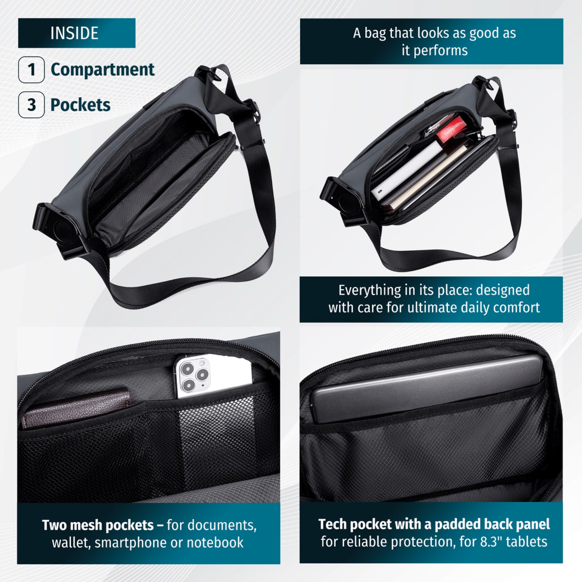 City Crossbody & Waist Bag Arctic Hunter | Phone & Documents | 2-Way Wear – Grey