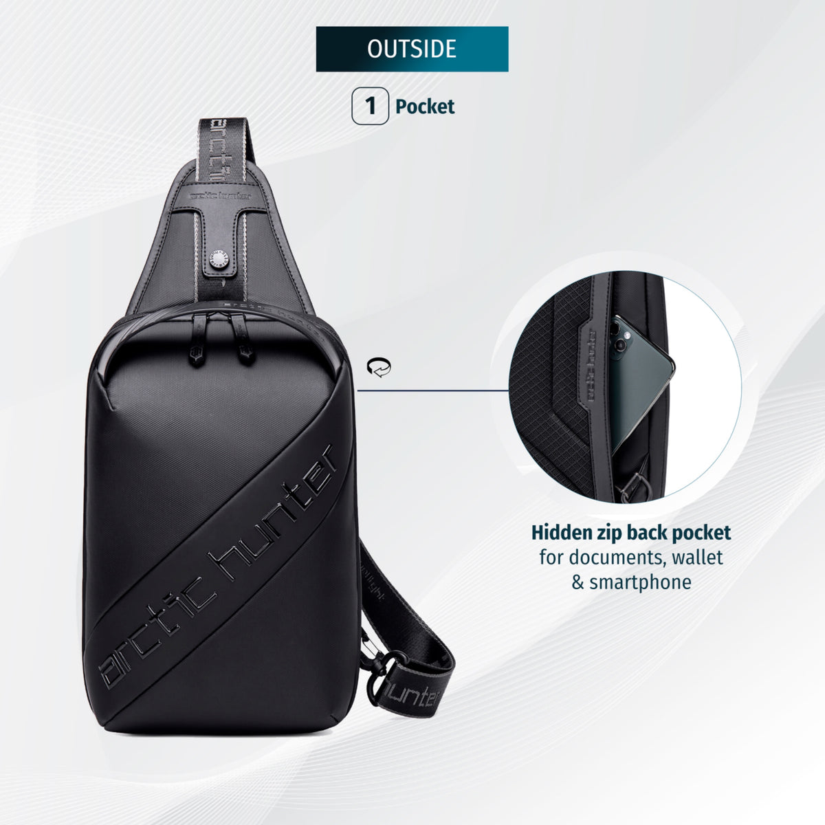 Torba sling przez ramię Arctic Hunter | Smartfon i dokumenty | Kieszeń antykradzieżowa | Pasek lewo/prawo – Czarna