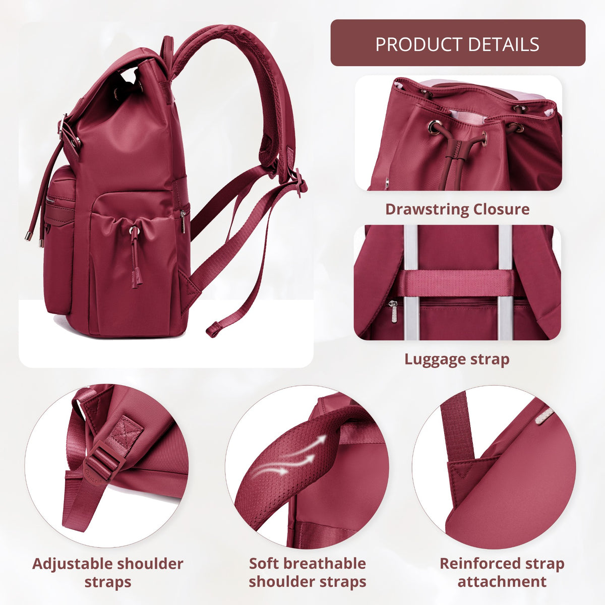 Plecak z klapą damski Chantria | 18L, 10 kieszeni | Laptop 15.6", iPad, A4 | Bezpłatny bagaż Ryanair, Wizz Air – Malinowy