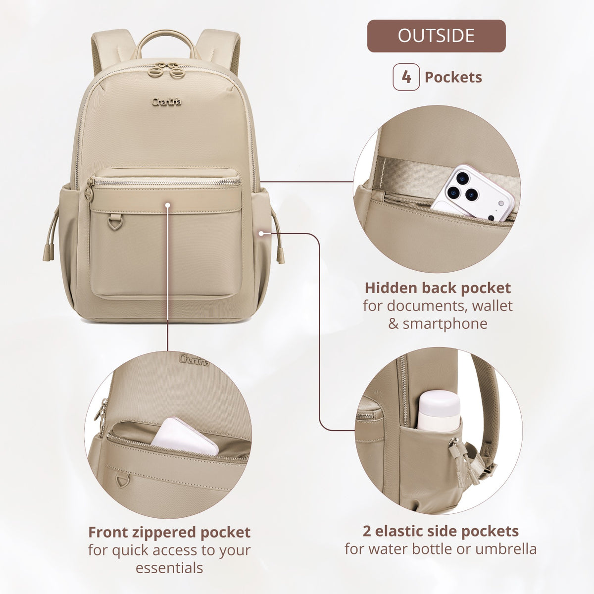 Women's City Backpack Chantria Elegant | Fits MacBook Air 13" & iPad | Smart Multi-Pockets & Anti-Theft | Everyday Casual & Travel | Luggage Strap – Beige