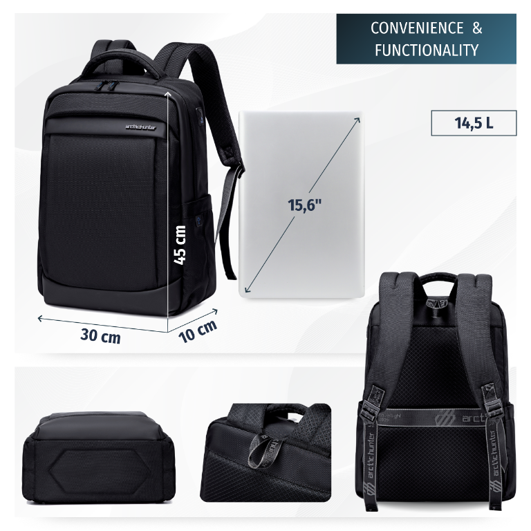 Men's Work & Study Backpack Arctic Hunter | 15.6" Laptop | Water Resistant – Black