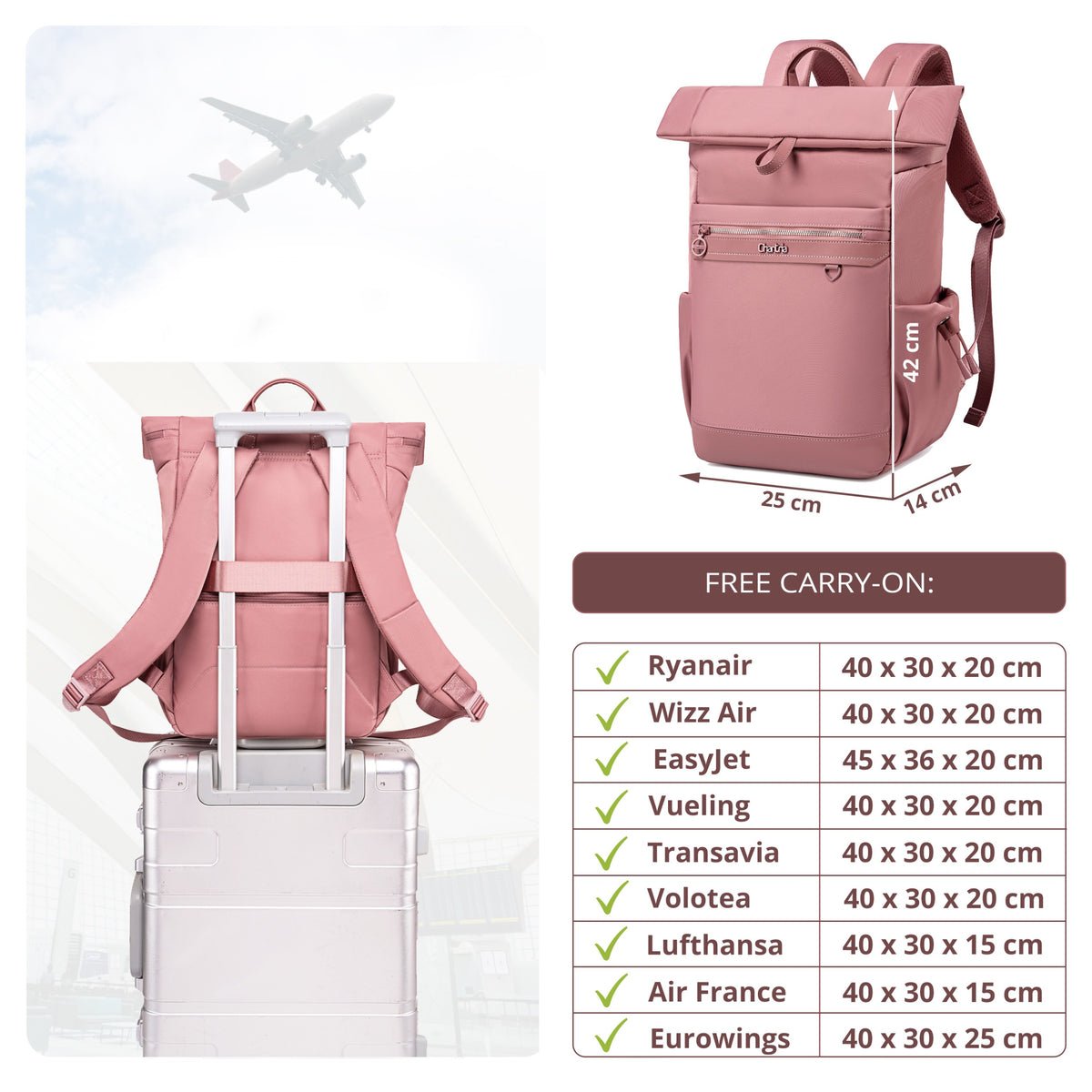 Plecak rolltop damski Chantria | 12 kieszeni | Laptop 15.6", iPad, A4 | Pas na walizkę – Antyczny róż