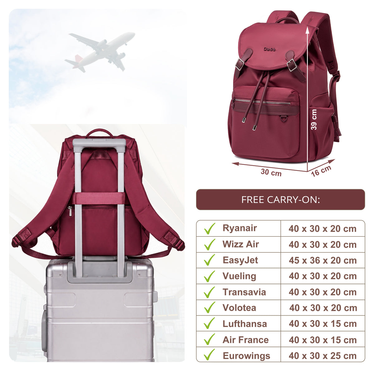 Plecak z klapą damski Chantria | 18L, 10 kieszeni | Laptop 15.6", iPad, A4 | Bezpłatny bagaż Ryanair, Wizz Air – Malinowy