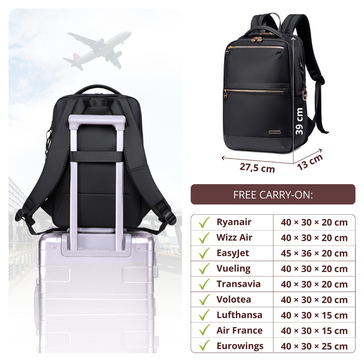 Plecak damski miejski Chantria | Na studia i do pracy | Na laptopa 15.6 książki i teczki A4 | Wiele kieszeni | Bagaż podręczny Ryanair Wizzair – Czarny