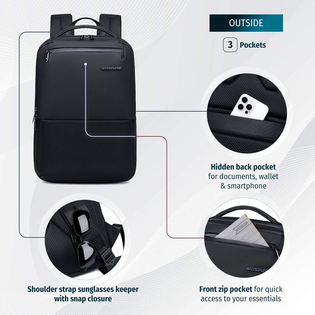 Smart Urban Backpack Arctic Hunter | Laptop 15.6" | Water-Resistant – Black