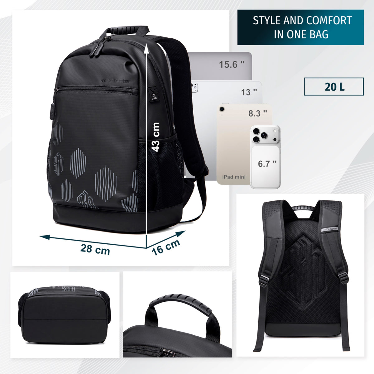 Lekki plecak młodzieżowy do szkoły na uczelnię | Laptop 15.6" | Stylowy czarny plecak miejski