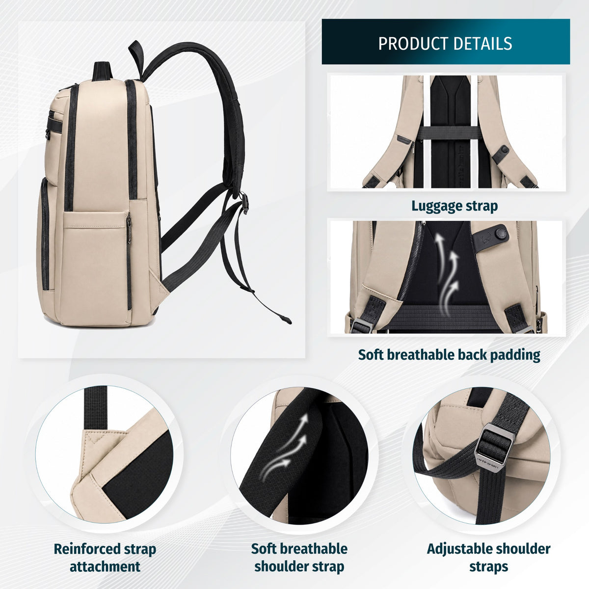 Funkcjonalny plecak do pracy i w podróż służbową Arctic Hunter | Laptop 15.6" | 17 Kieszeni – Beżowy