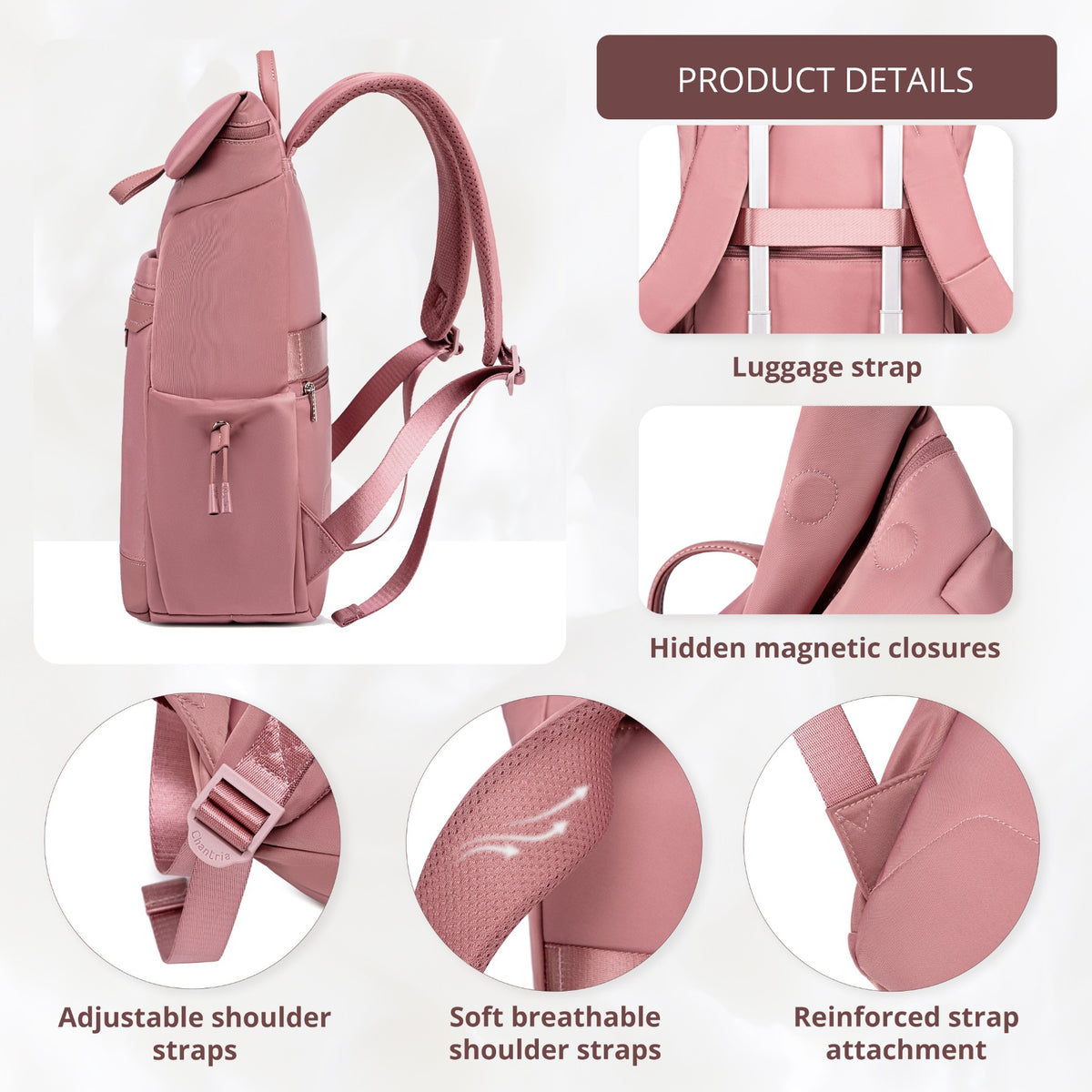 Plecak rolltop damski Chantria | 12 kieszeni | Laptop 15.6", iPad, A4 | Pas na walizkę – Antyczny róż