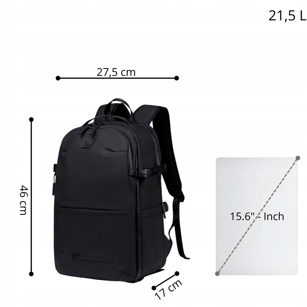 Czarny plecak fotograficzny, 21 l, na sprzęt foto, laptopa i tablet, wodoodporny, podróżny. SUPER FIVE FB721 Black.