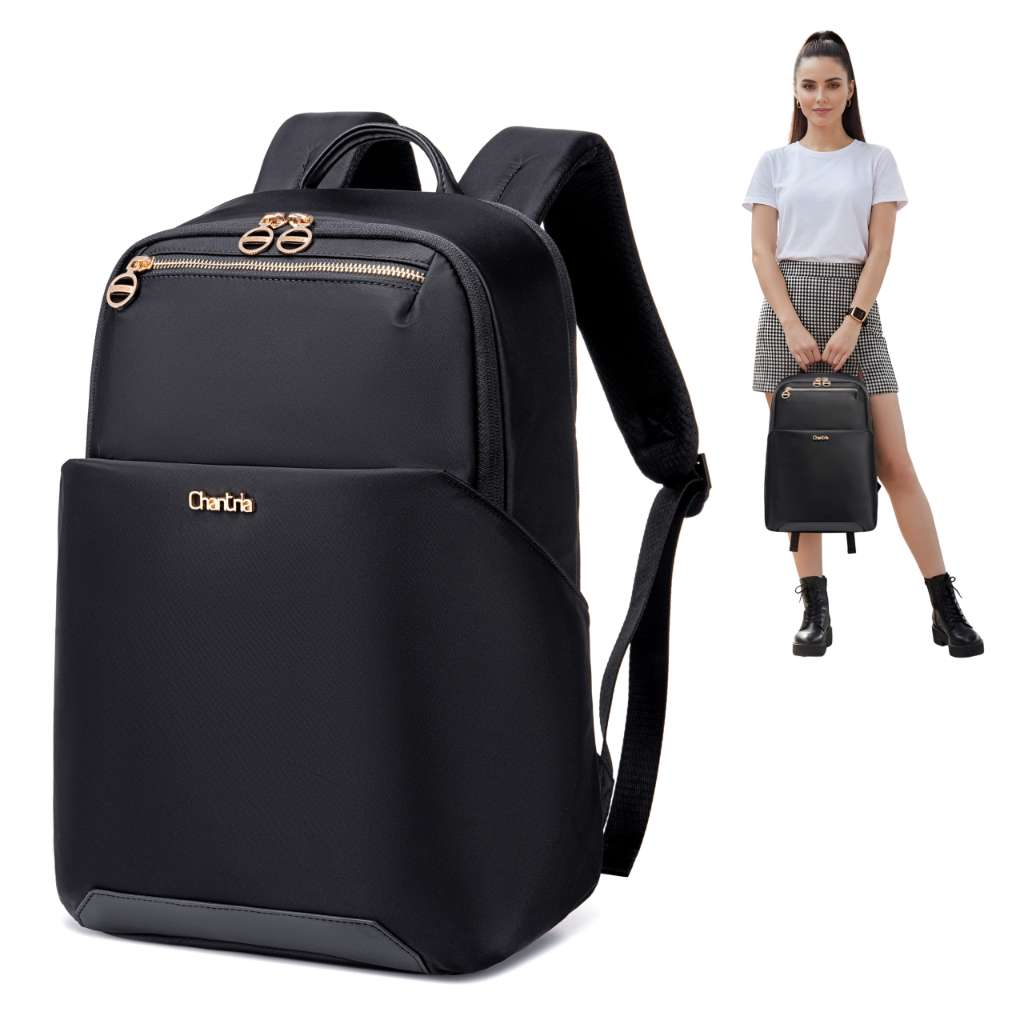 Plecak damski miejski Chantria elegancki | Na laptop 15,6" teczki A4 i książki | Do pracy na uniwersytet i styl biznesowy | Dwukomorowy | Pas na walizkę – Czarny
