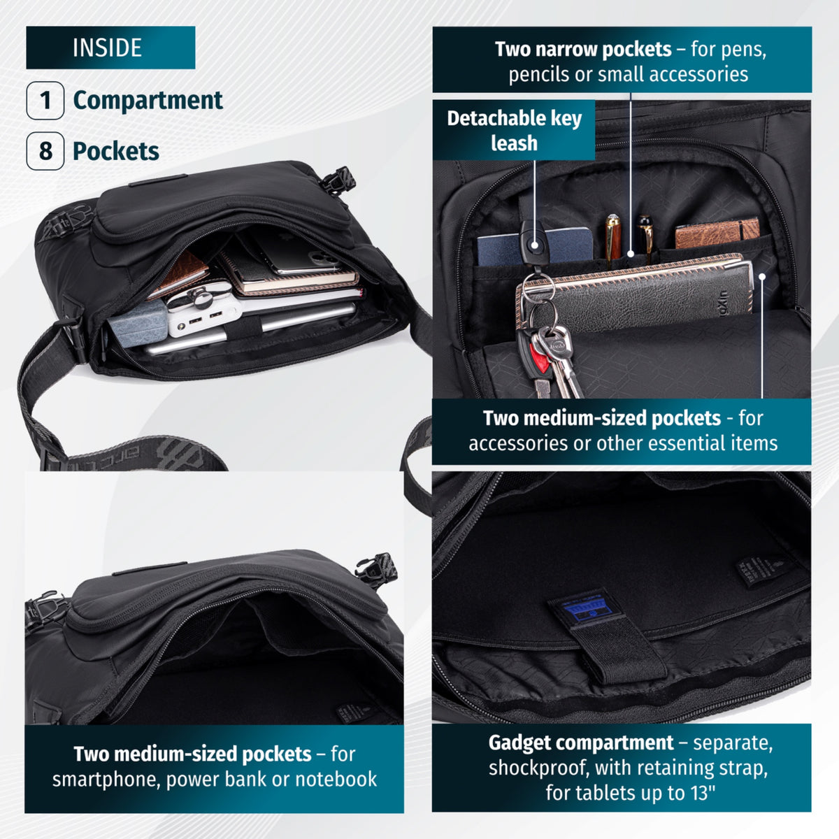 Spacious Crossbody Messenger Bag Arctic Hunter | 12" Tablet  A4 | Sport & Everyday Casual – Black