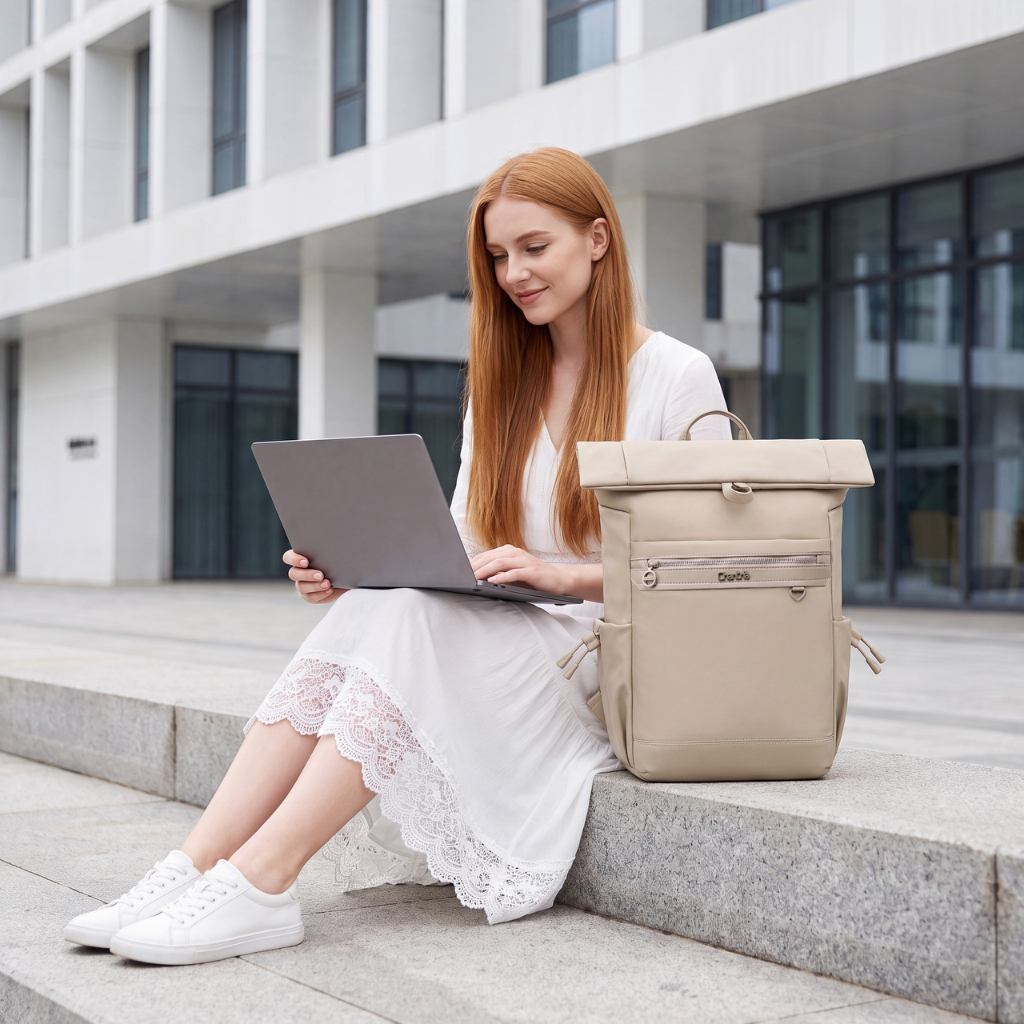 Жіночий рюкзак-ролтоп Chantria | 12 кишень | Ноутбук 15.6", iPad, A4 | Кріплення на валізу – Бежевий