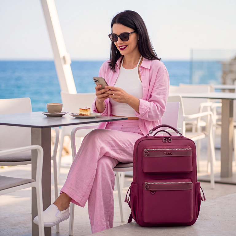Chantria Women's Organizer Backpack | 2 Compartments, 15 Pockets | Fits 15.6" Laptop, iPad, A4 | Luggage Strap – Berry