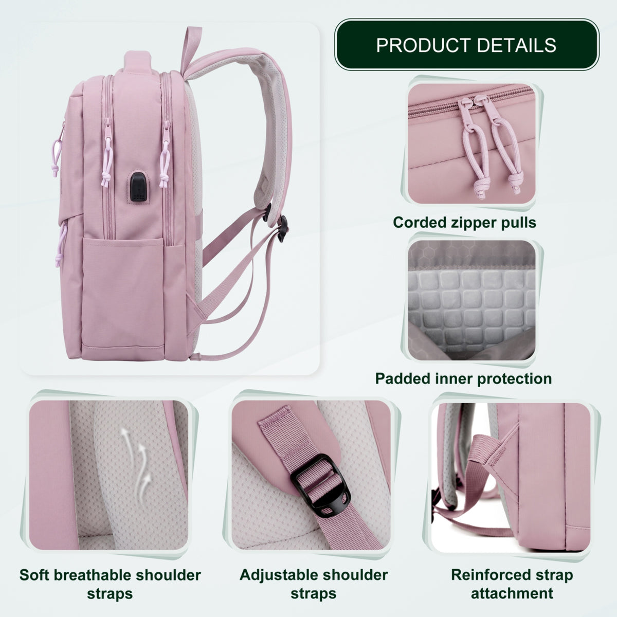 Youth School & College Backpack VIO | Fits 15.6 Laptop A4 | Built-In USB Port | Ryanair & Wizz Air Carry-On For Campus, University & Travel | Water-Resistant – Lilac