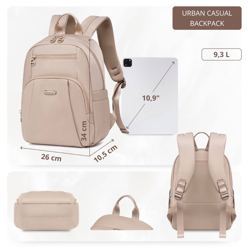 Plecak damski miejski Chantria elegancki lekki | Na tablet iPad | Z nylonu wodoodporny – Beżowy