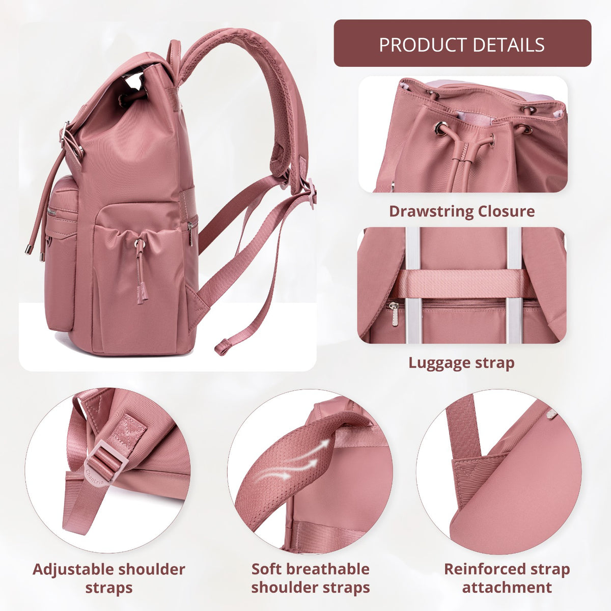 Plecak z klapą damski Chantria | 18L, 10 kieszeni | Laptop 15.6", iPad, A4 | Bezpłatny bagaż Ryanair, Wizz Air – Antyczny róż
