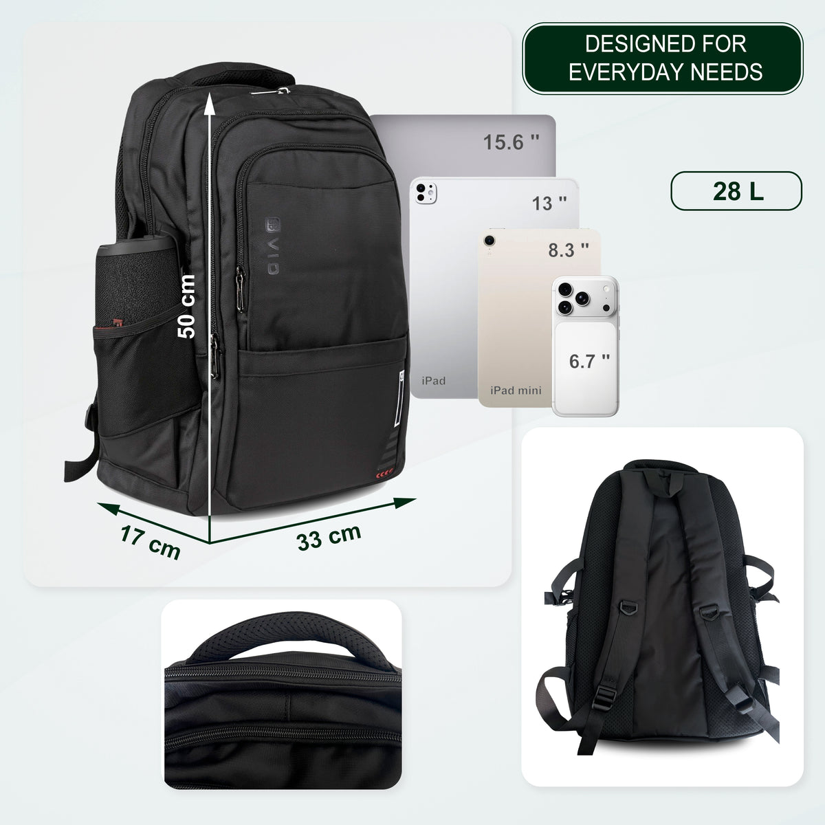 Youth School & College Backpack VIO | Fits 15.6 Laptop A4 | 3 Spacious Compartments | For School, College & University | Lightweight – Black