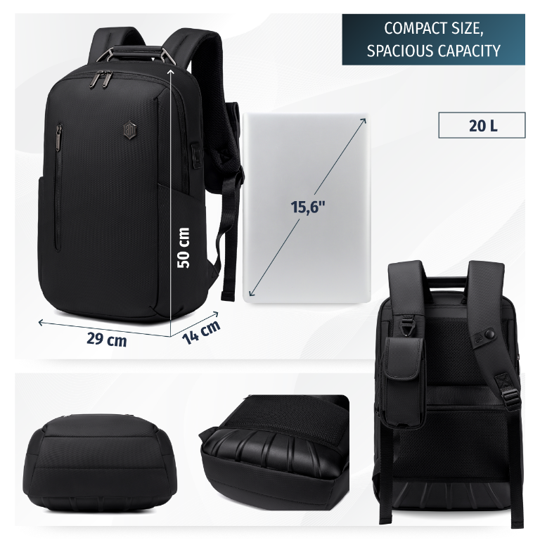Smart City Work Travel Backpack Arctic Hunter| Laptop Storage 15,6"| USB Port – Black