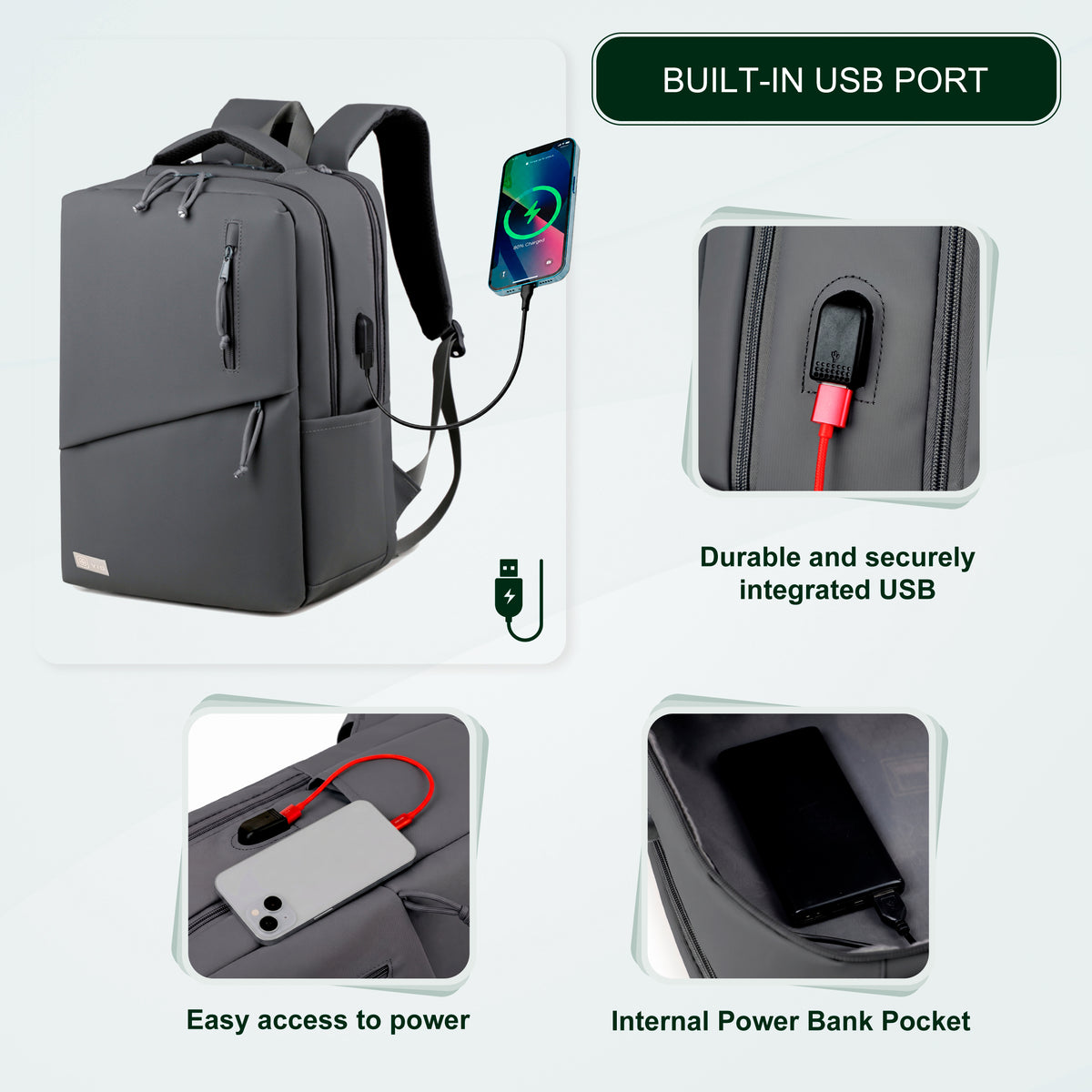 Youth School & College Backpack VIO | Fits 15.6 Laptop A4 | Built-In USB Port | Ryanair & Wizz Air Carry-On For Campus, University & Travel | Water-Resistant – Grey