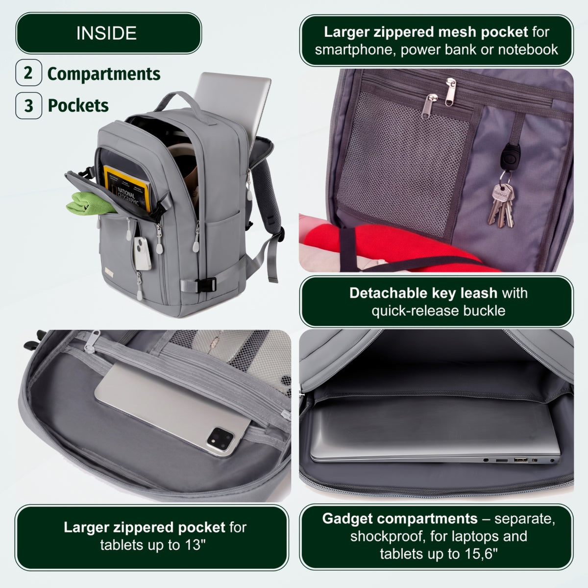 Cabin Travel Backpack | 40x30x20 Ryanair WizzAir | Expandable | Free Carry-On – Grey
