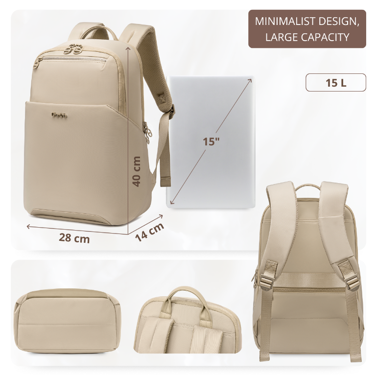 Plecak damski miejski Chantria elegancki | Na laptop 15,6" teczki A4 i książki | Do pracy na uniwersytet i styl biznesowy | Dwukomorowy | Pas na walizkę – Beżowy