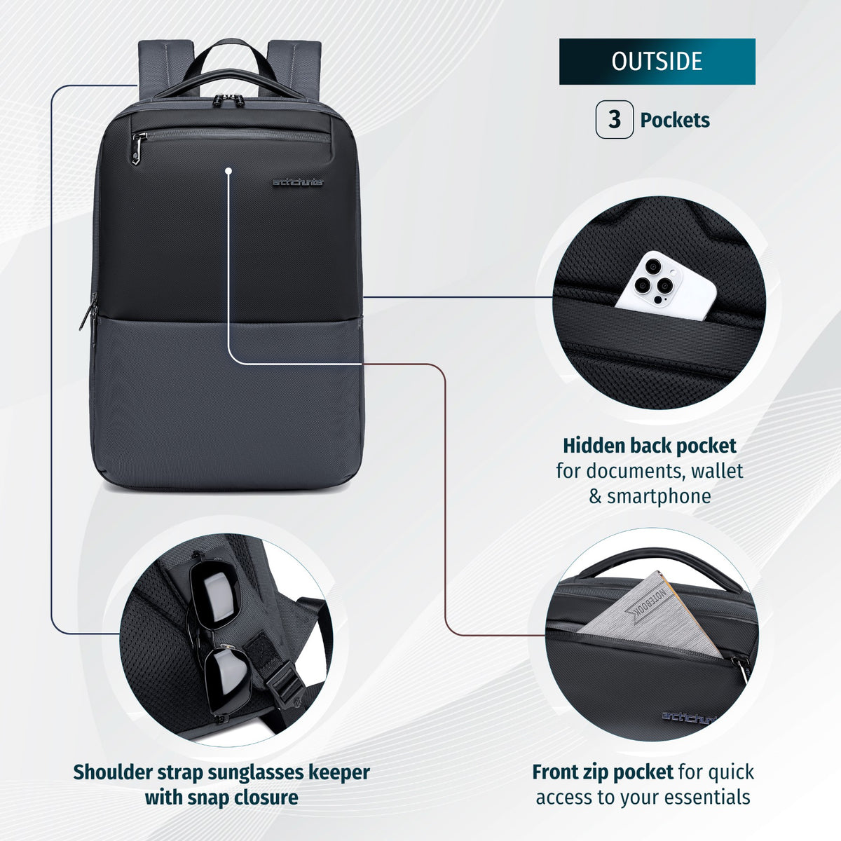 Smart Urban Backpack Arctic Hunter | Laptop 15.6" | Water-Resistant – Grey