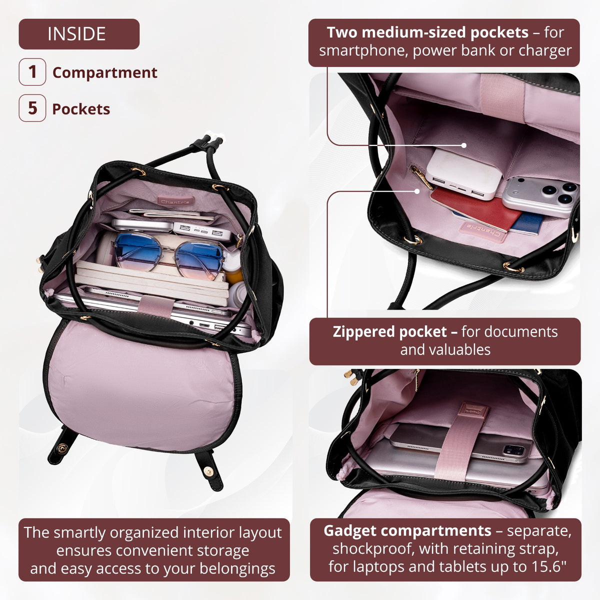 Plecak z klapą damski Chantria | 18L, 10 kieszeni | Laptop 15.6", iPad, A4 | Bezpłatny bagaż Ryanair, Wizz Air – Czarny