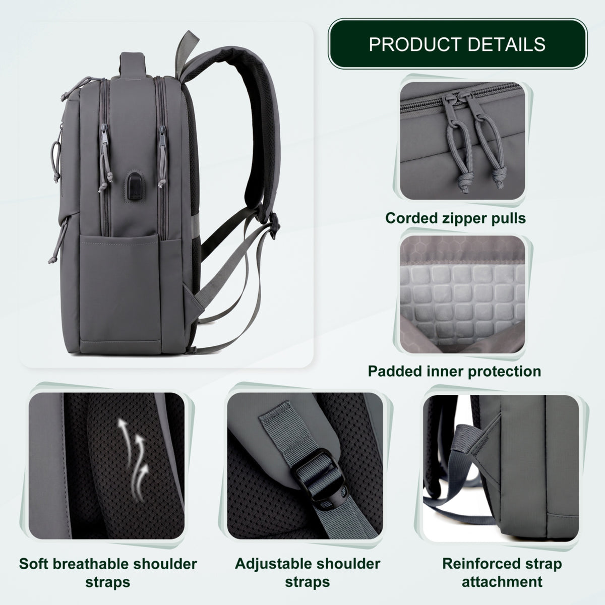 Youth School & College Backpack VIO | Fits 15.6 Laptop A4 | Built-In USB Port | Ryanair & Wizz Air Carry-On For Campus, University & Travel | Water-Resistant – Grey
