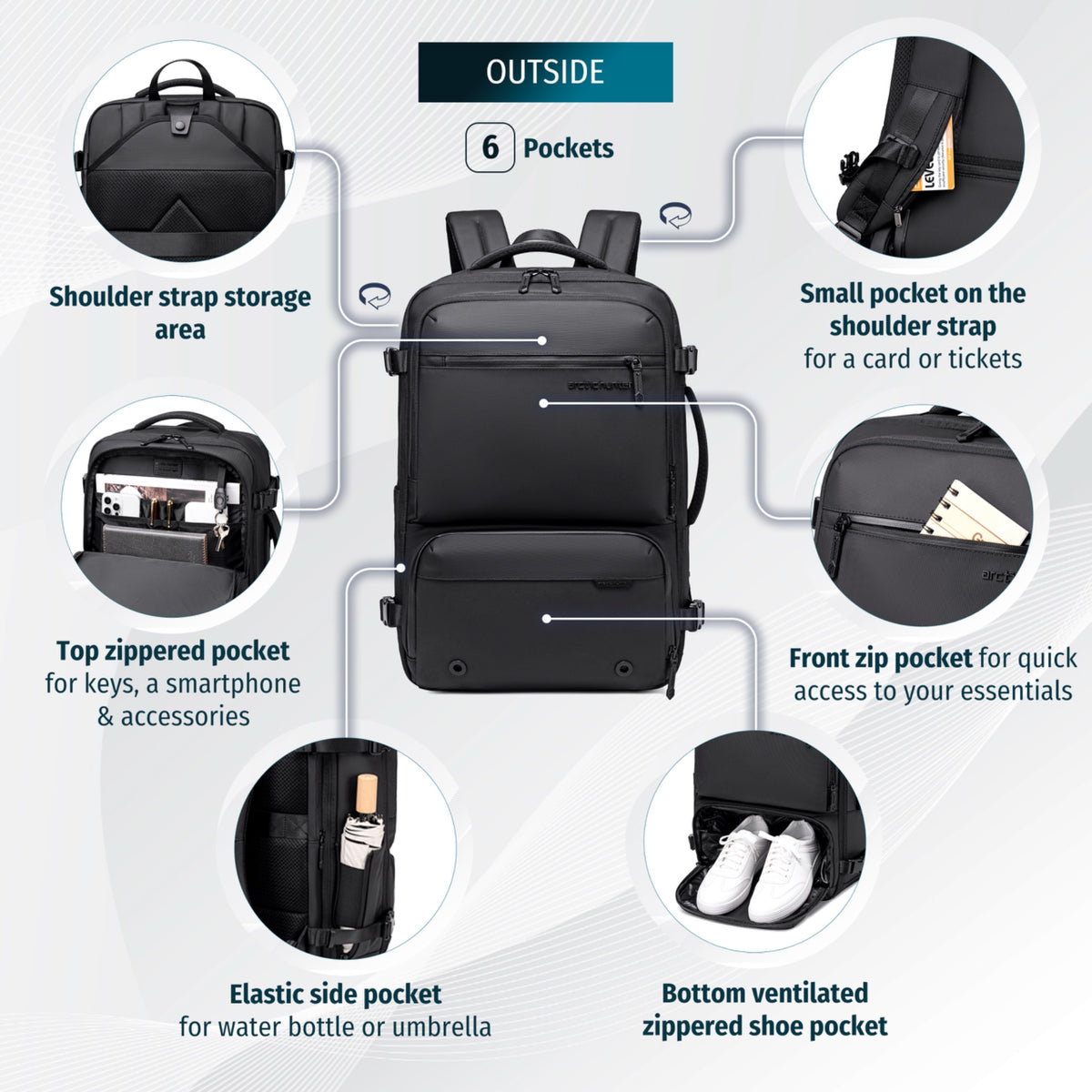 Modern Travel Backpack Arctic Hunter | Vacuum Compression Bag & Electric Pump | Spacious Storage | Laptop 15.6" - Black