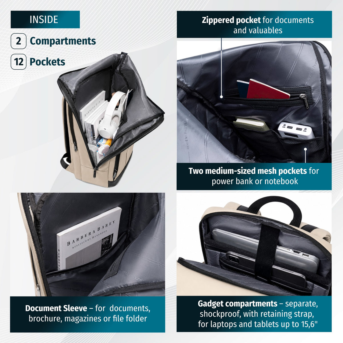 Nowoczesny plecak męski z klapą | Laptop 15.6" | Pasek na walizkę | Wiele kieszeni organizer – Beżowy