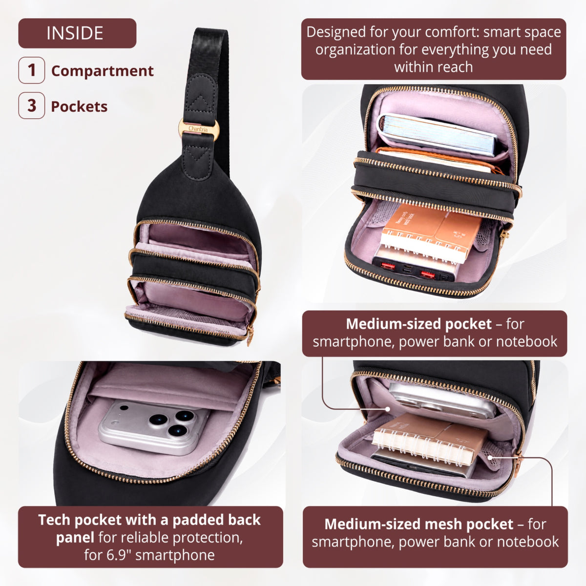 Women's Sling Chest Bag Crossbody Chantria | For Phone, Documents and Essentials | Hands-Free – Black