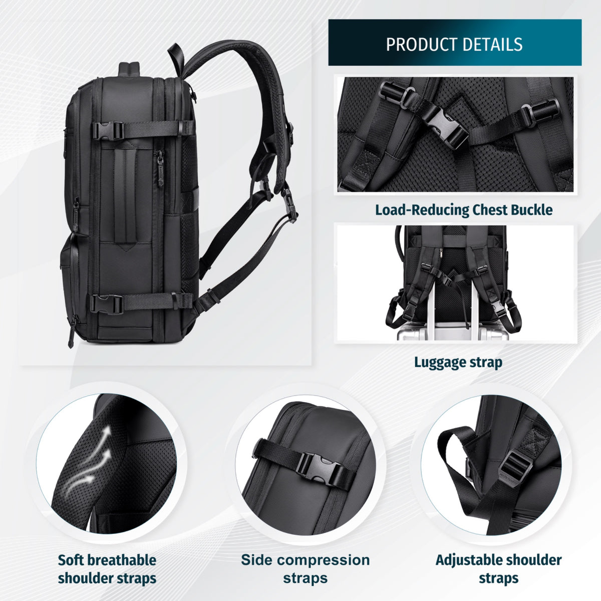Modern Travel Backpack Arctic Hunter | Vacuum Compression Bag & Electric Pump | Spacious Storage | Laptop 15.6" - Black