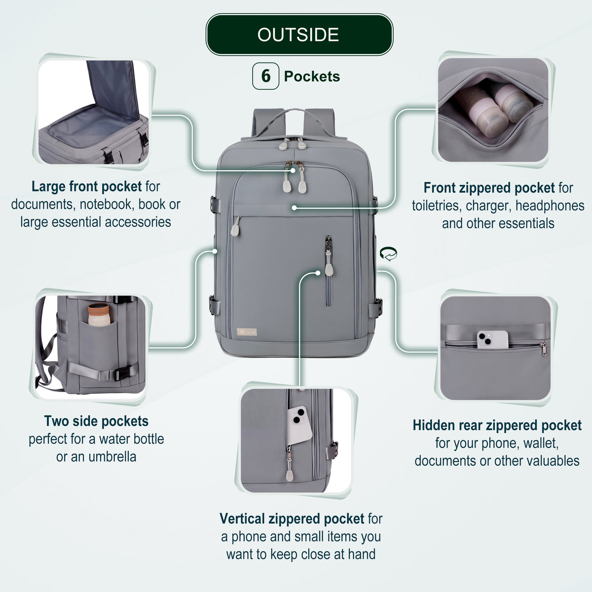 Cabin Travel Backpack | 40x30x20 Ryanair WizzAir | Expandable | Free Carry-On – Grey