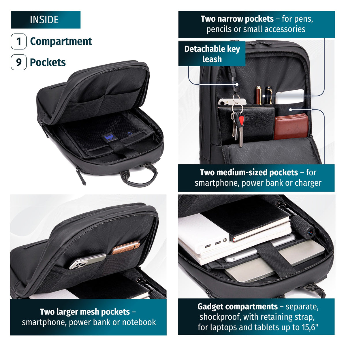 Expandable Laptop Backpack 15.6" Arctic Hunter | Expansion Feature | Work & College – Black