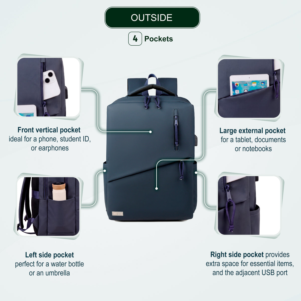 Youth School & College Backpack VIO | Fits 15.6 Laptop A4 | Built-In USB Port | Ryanair & Wizz Air Carry-On For Campus, University & Travel | Water-Resistant – Dark Blue